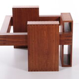 French Brutalist Design coffee table of teak with glass top, 1970