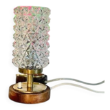 Vintage Mid-Century Scandinavian lamp in wood, brass, and pressed glass with spikes.