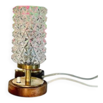 Vintage Mid-Century Scandinavian lamp in wood, brass, and pressed glass with spikes.