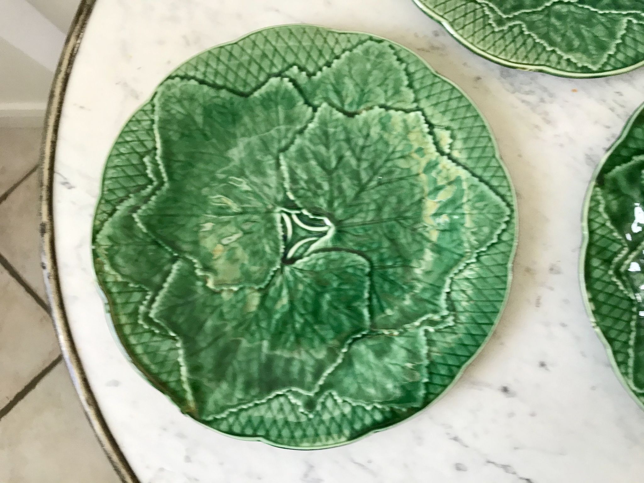 Trio of dessert plates gien model leaves in slip 50s