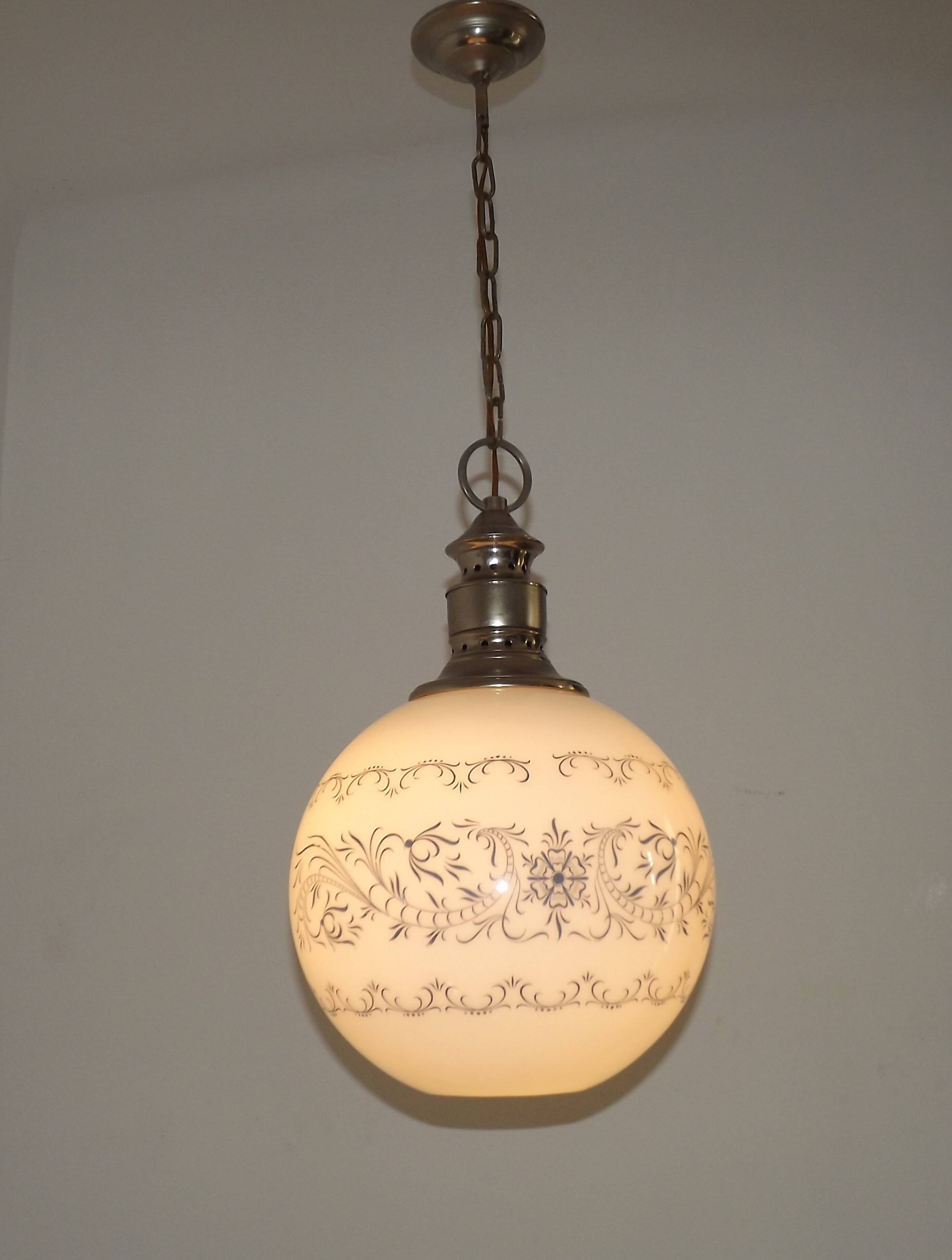 French Mid-Century Globe Pendant, Blue Pattern Shade, Vintage Hanging Light