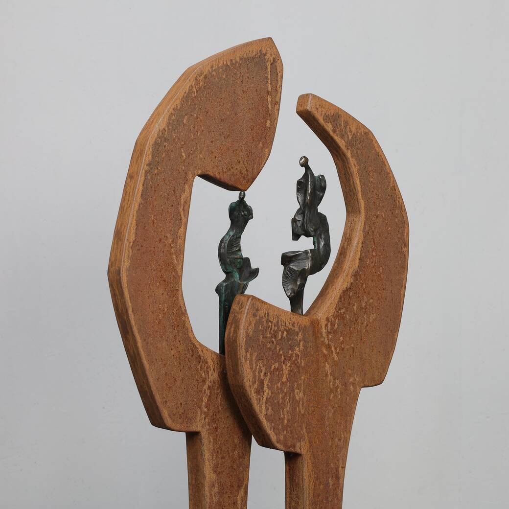 Contemporary Stone & Metal Sculpture with Bronze Figures