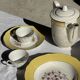 Lot de 19 grandes assiettes plates vintage jaunes fleurs roses liseré doré