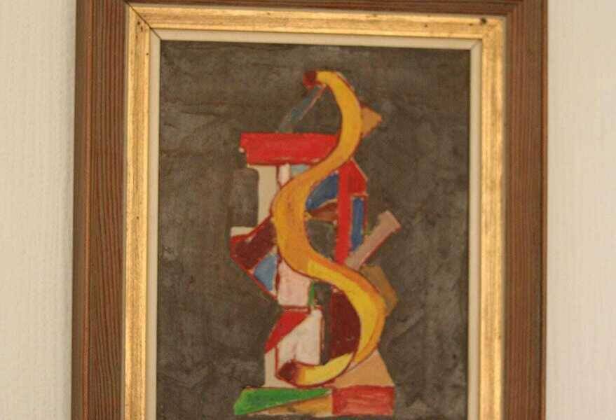 Original mid-century Swedish oil on canvas – “Layers” by Wilhelm Henning – signed & framed – 32 × 39 cm (12.6" × 15.4")