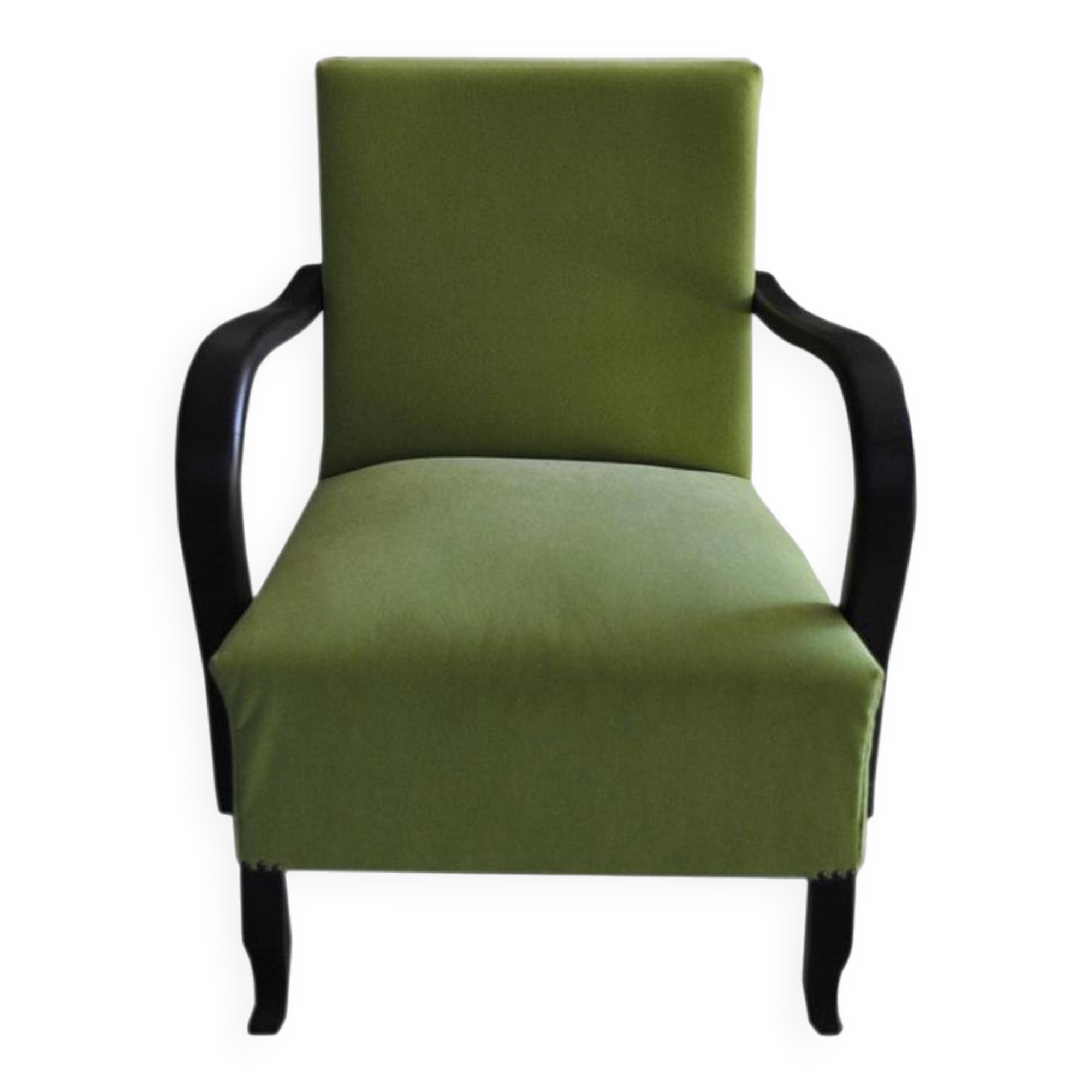 Art Deco armchair in chartreuse green and black wood, fabric upholstery, 1920s.