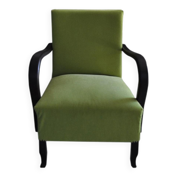 Art Deco armchair in chartreuse green and black wood, fabric upholstery, 1920s.