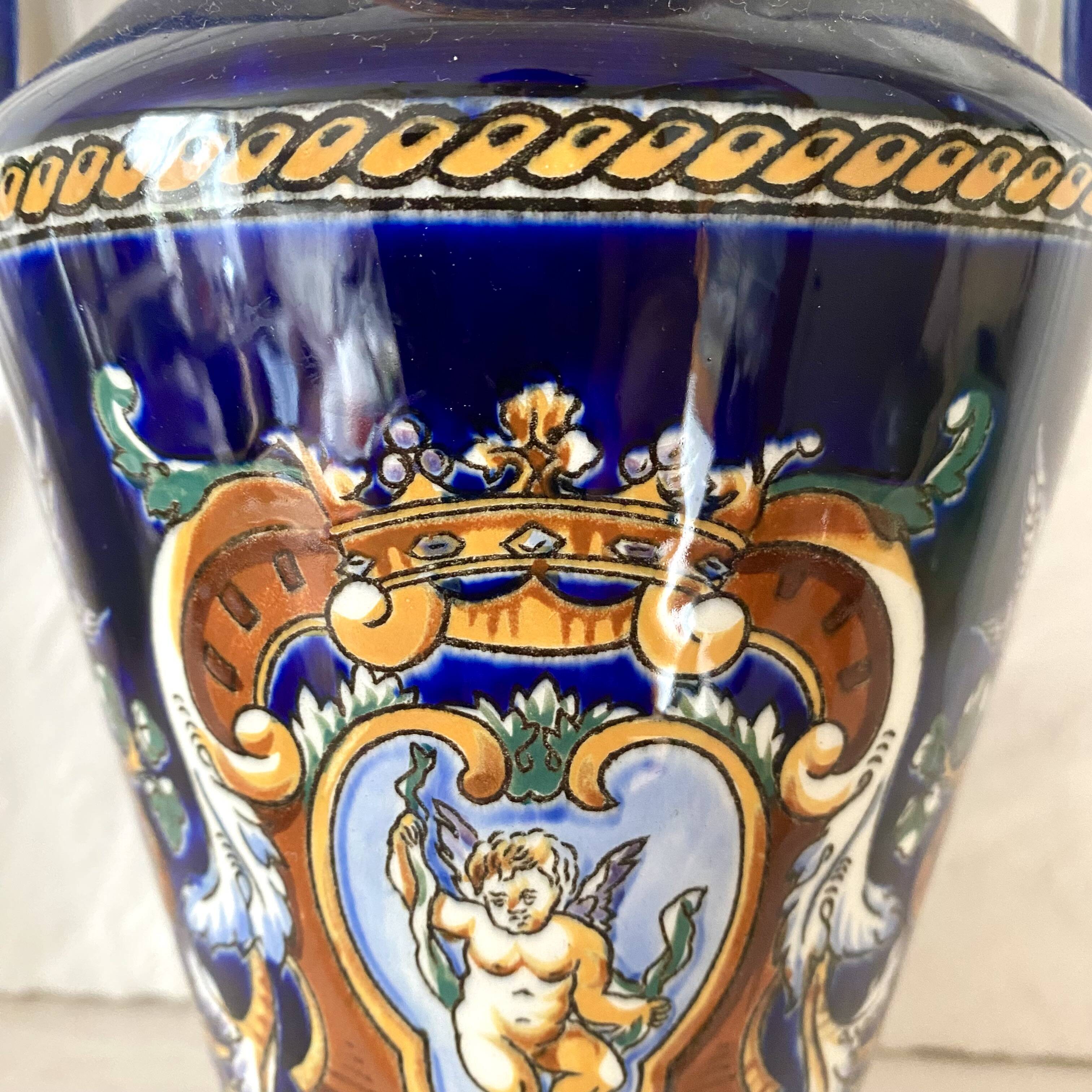 Renaissance decorated earthenware amphora vase from Gien