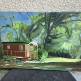 Table, painting on canvas, the caravan unsigned vintage