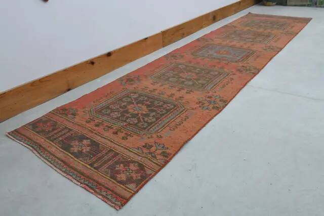 Vintage Turkish Hand-Knotted Wool Cotton Brown Runner Rug 80x336