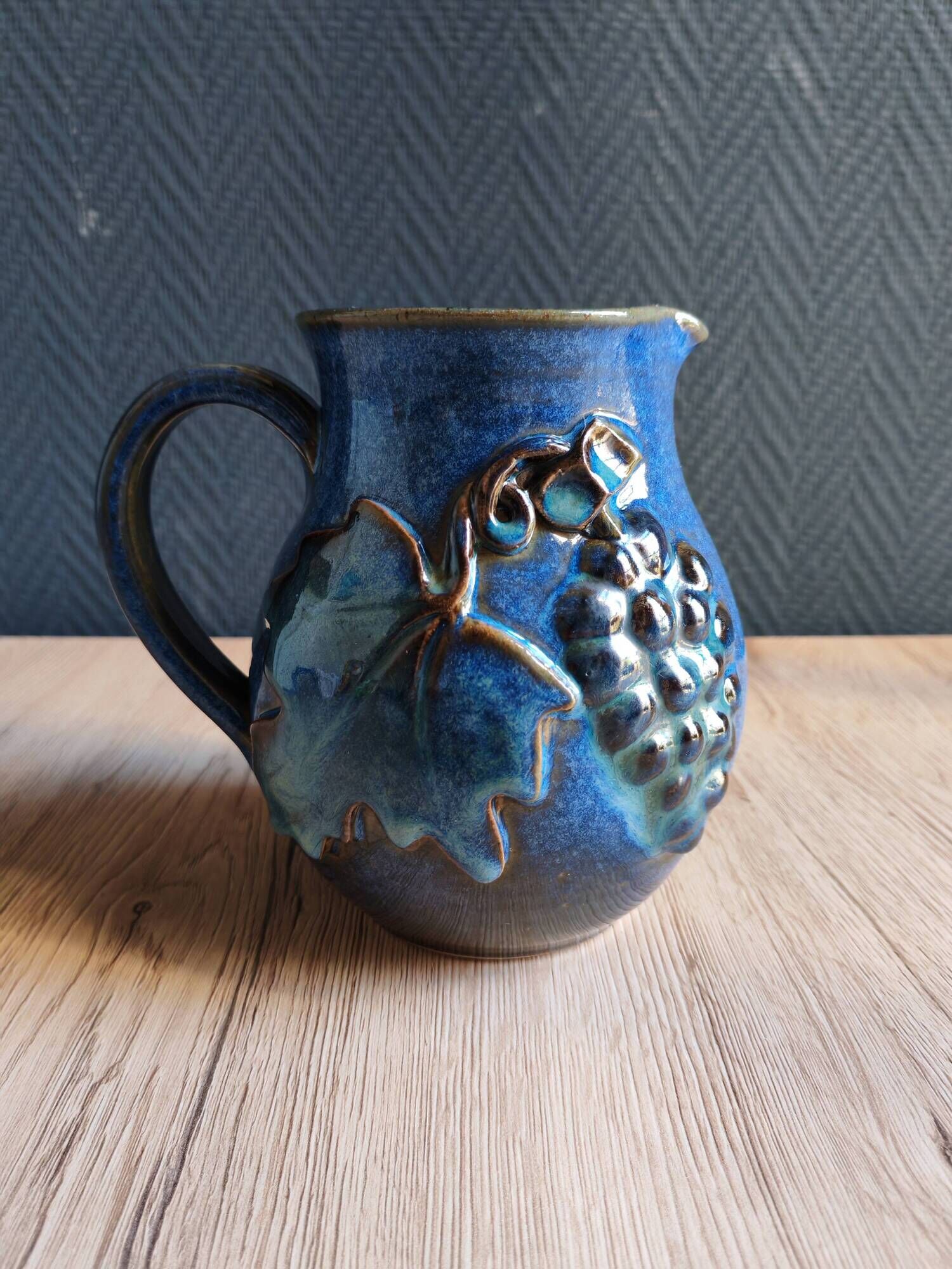 Vintage Blue Stoneware Jug with Grape Cluster Pattern, Ceramic Vase
