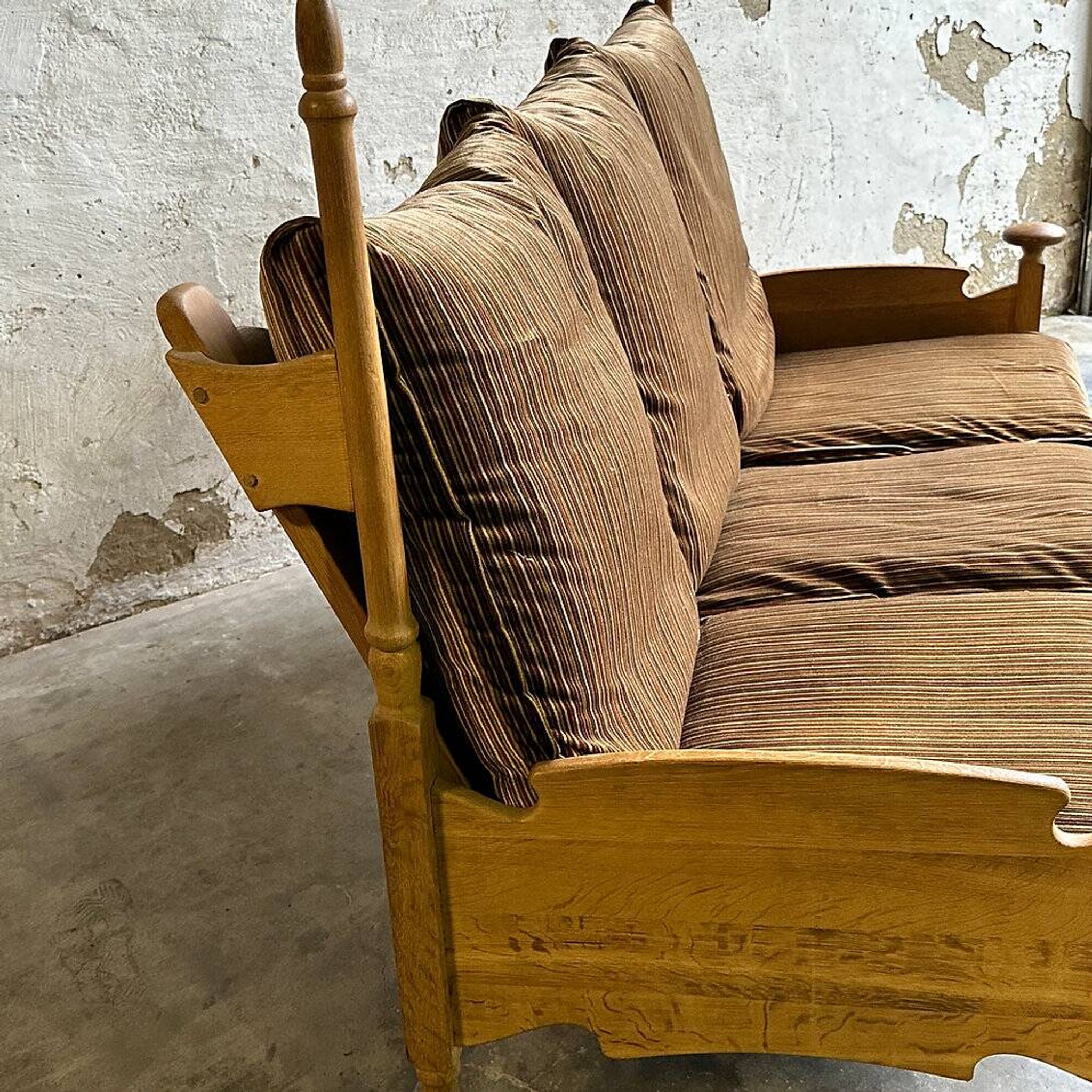 1950s brutalist oak and velvet throne-like sofa