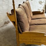 1950s brutalist oak and velvet throne-like sofa