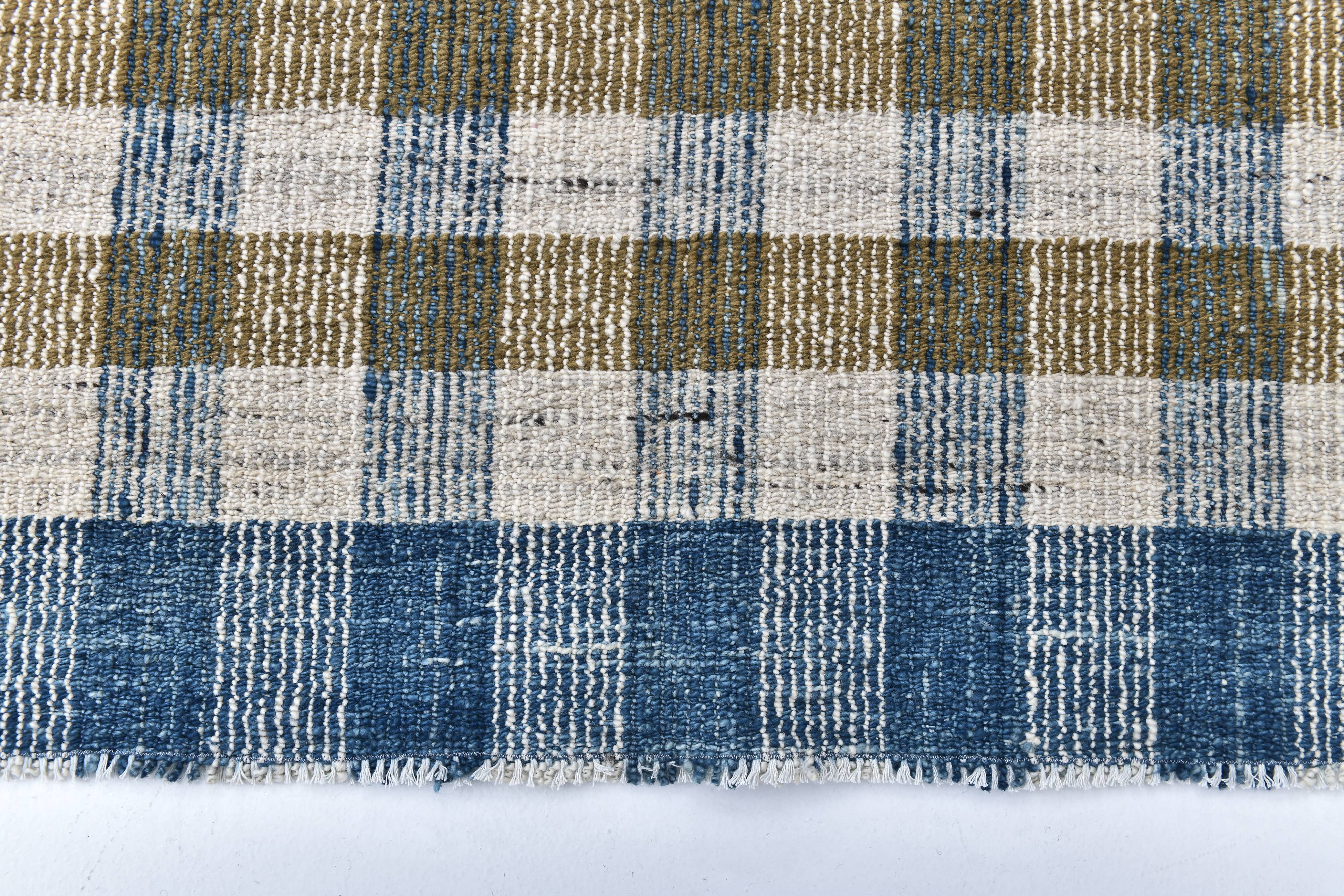 scandinavian kilim 290x190 cm , blue beige and  mustard colour.