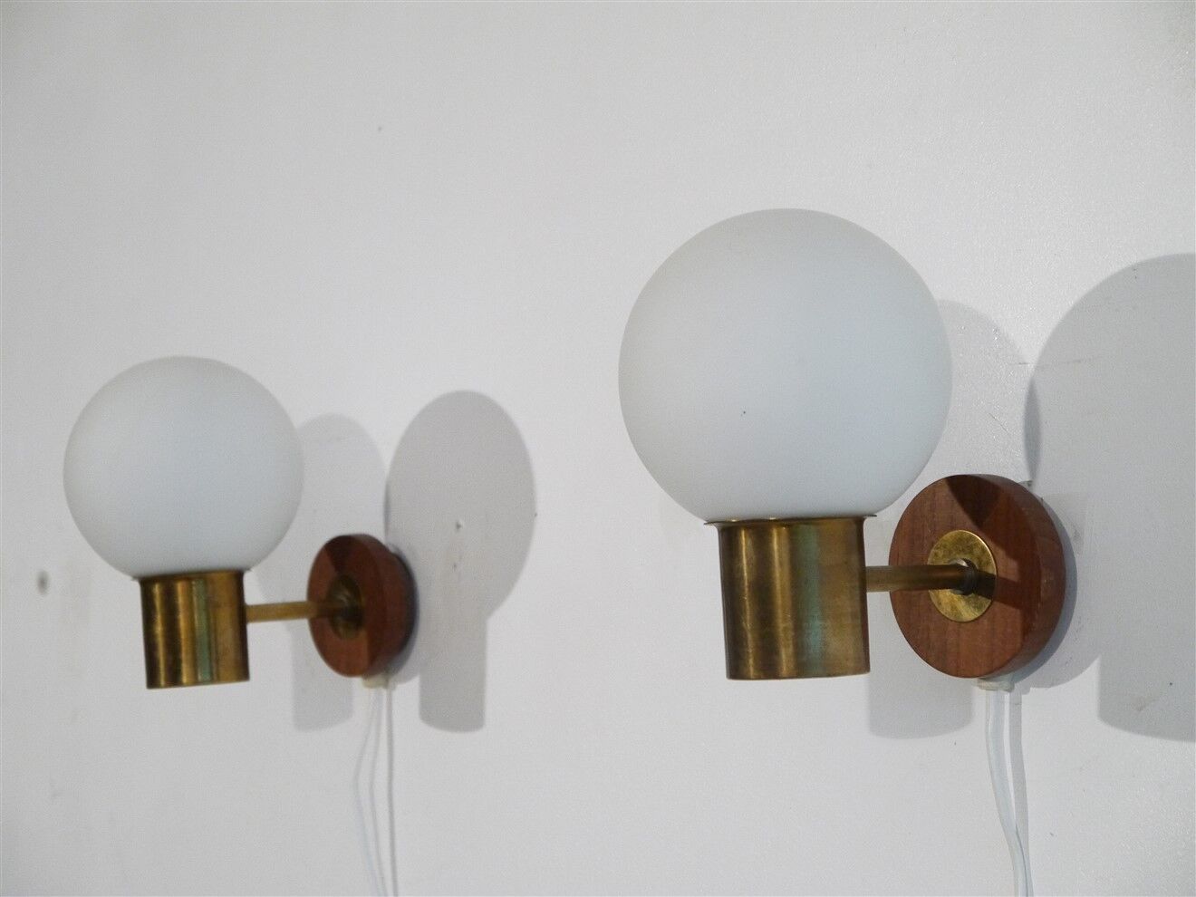 Pair of danish vintage teak and opaline wall lamps 1960