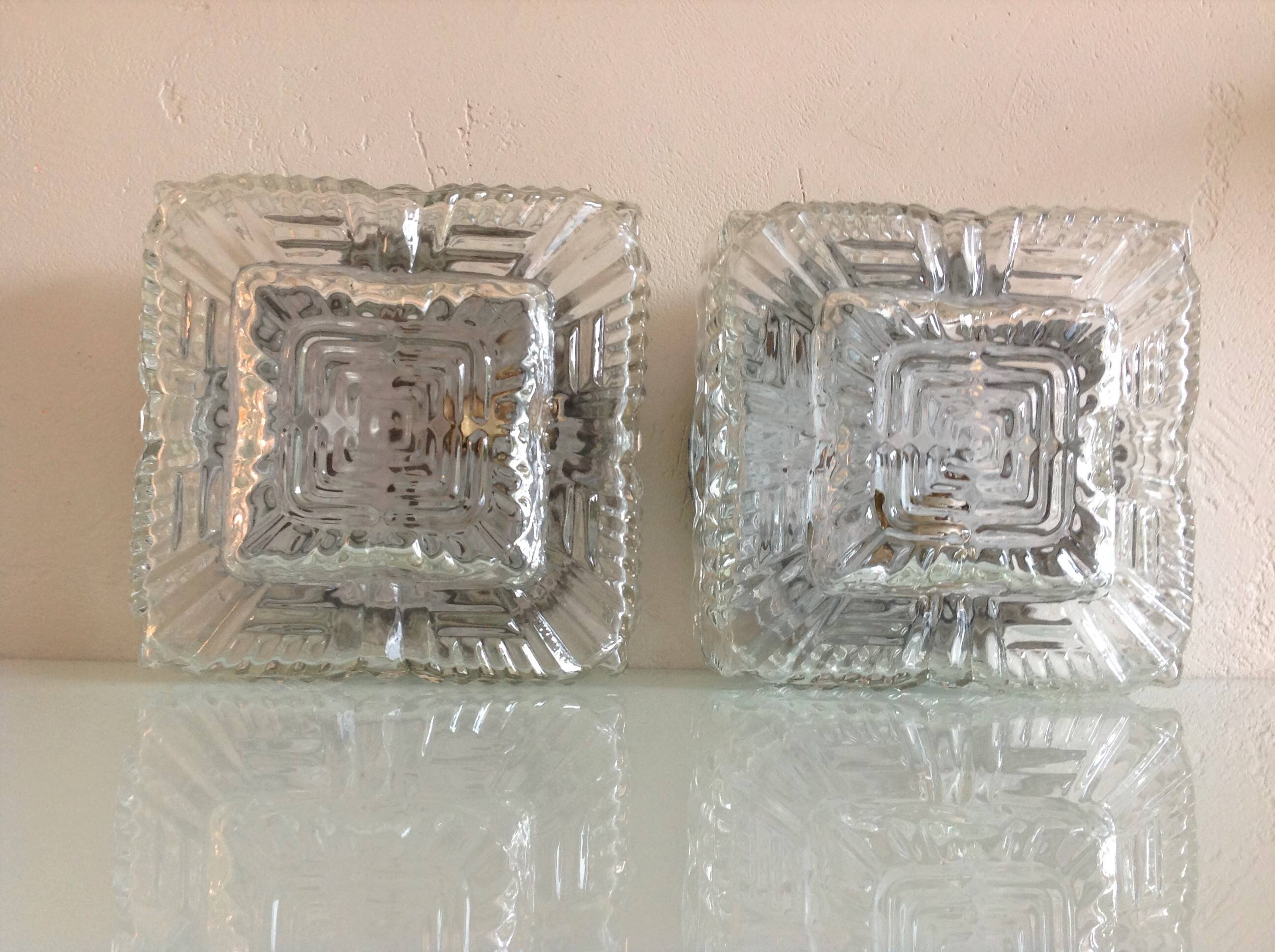Paire de plafonniers carrés en verre structuré / vintage années 60-70