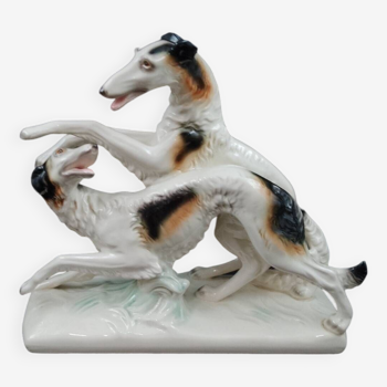 Sculpture of 2 Borzoi Greyhound dogs in white ceramic Cortendorf 1950 Germany