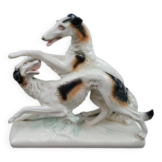 Sculpture of 2 Borzoi Greyhound dogs in white ceramic Cortendorf 1950 Germany