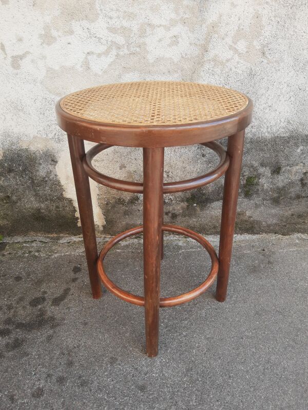 Tabouret en bois et cannage vintage