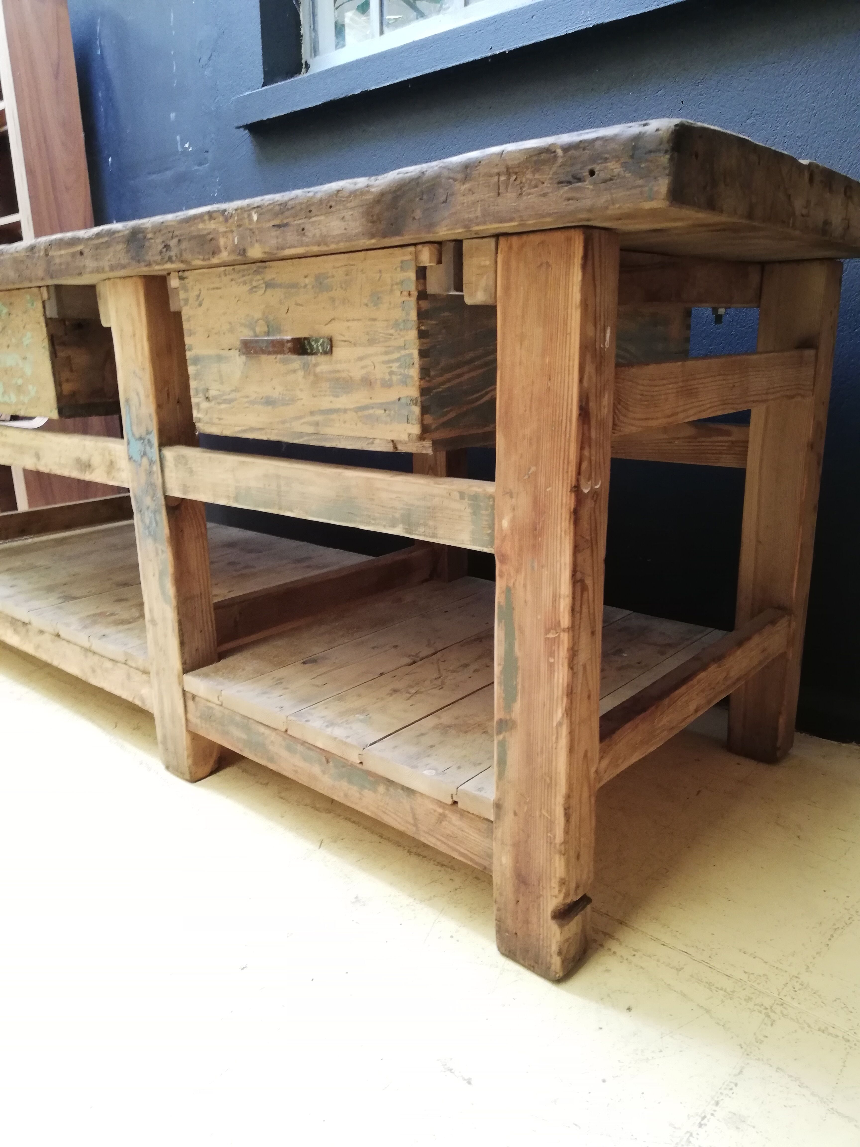Old vintage wooden carpenter's workbench, industrial decoration
