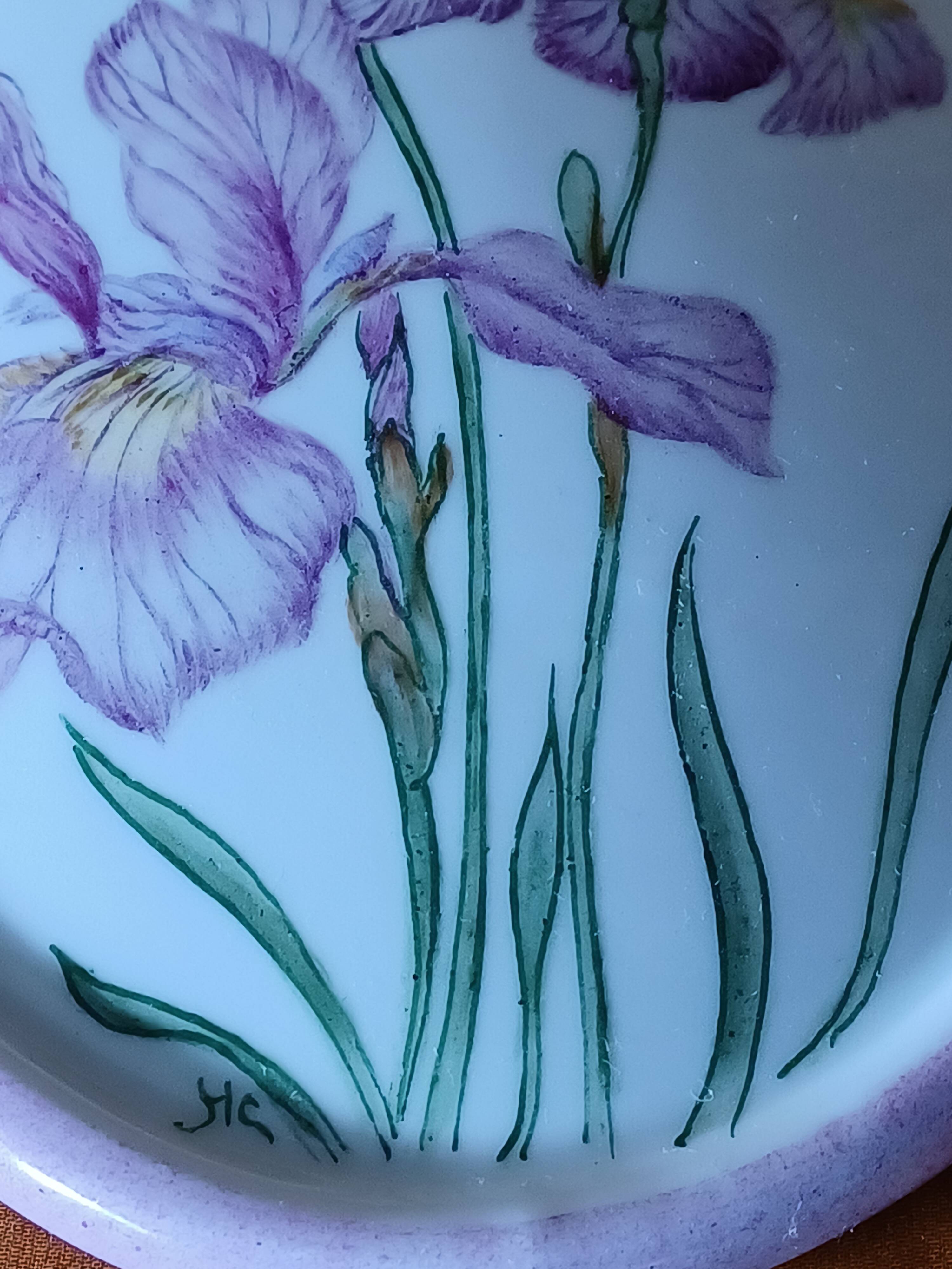 Hand Painted Porcelain Iris Flower Medallion.