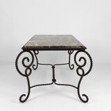 Coffee table in patinated wrought iron and marble, circa 1940