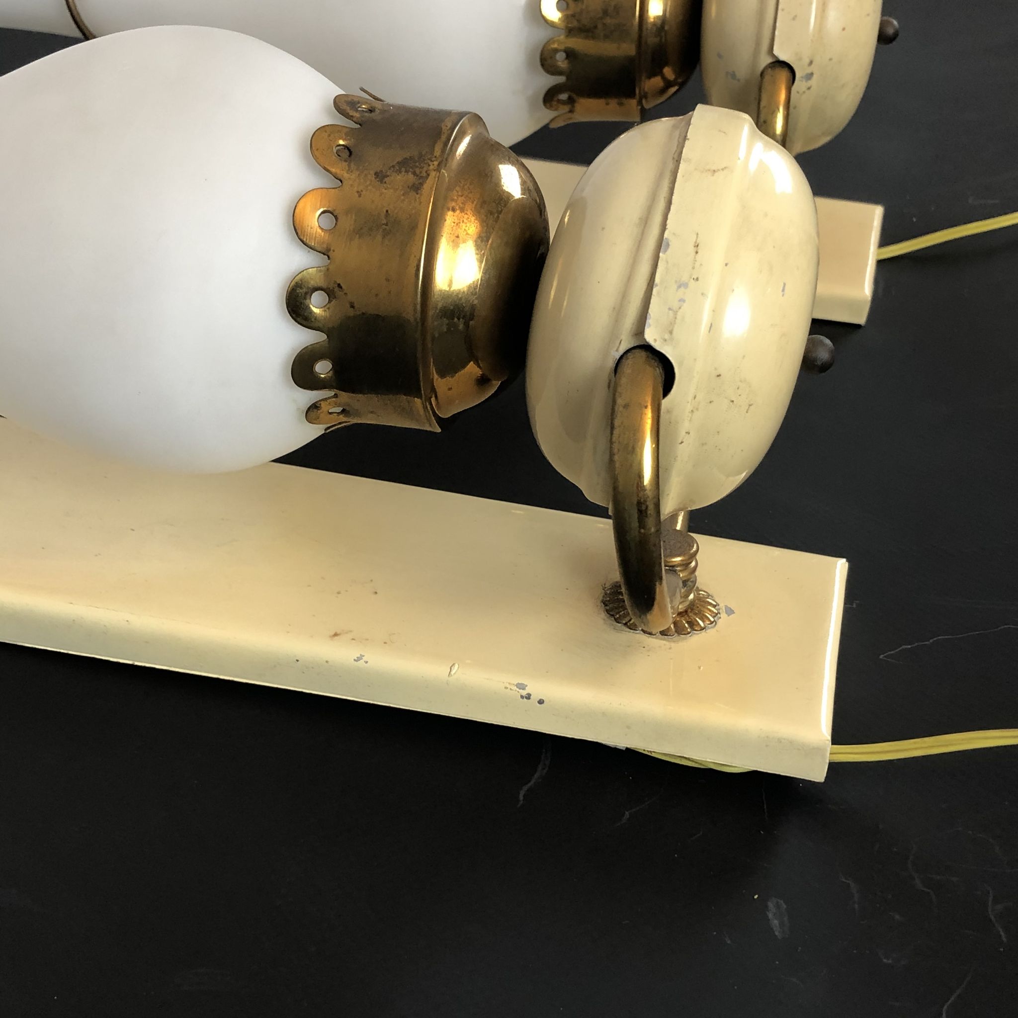 Vintage Italian brass, lacquer and opaline glass sconces from 50s. Set of two