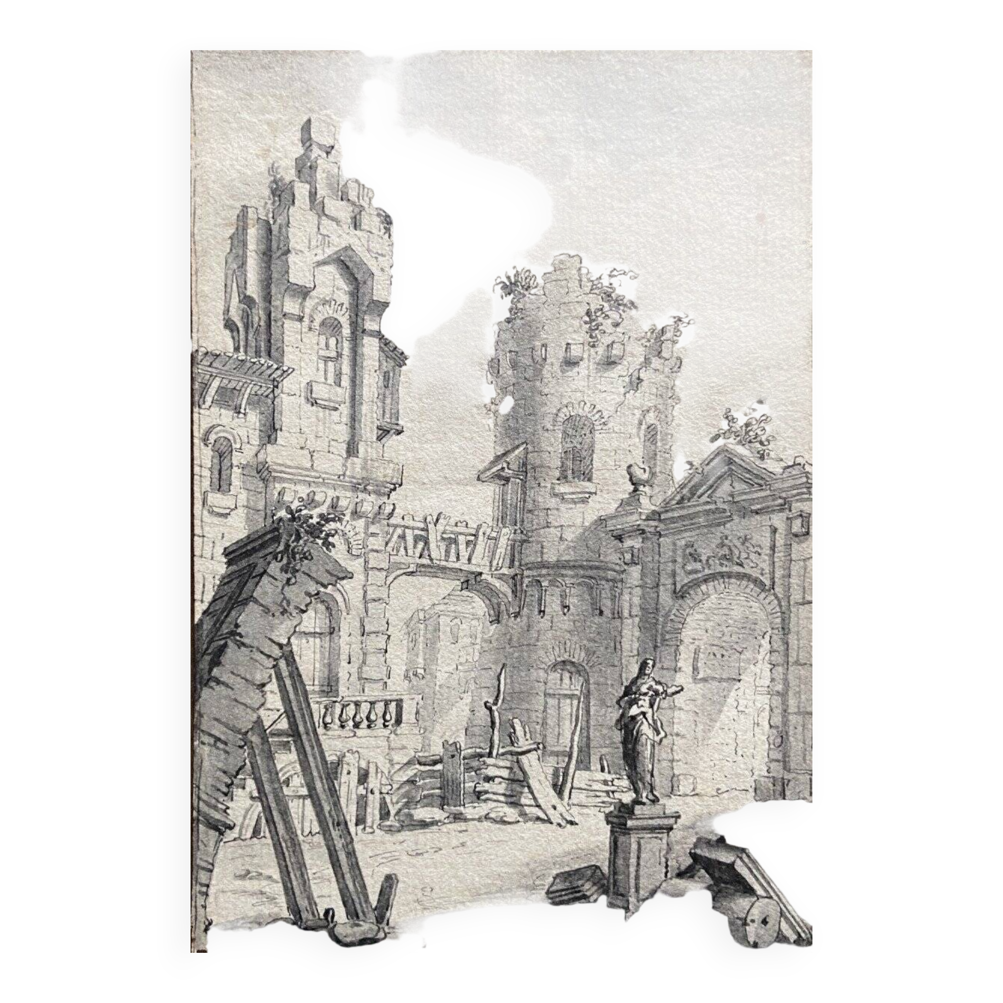 French school of the 18th century, courtyard of a ruined palace, pen drawing