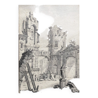 French school of the 18th century, courtyard of a ruined palace, pen drawing