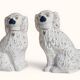 Pair of King Charles Spaniel dogs in Staffordshire majolica style.