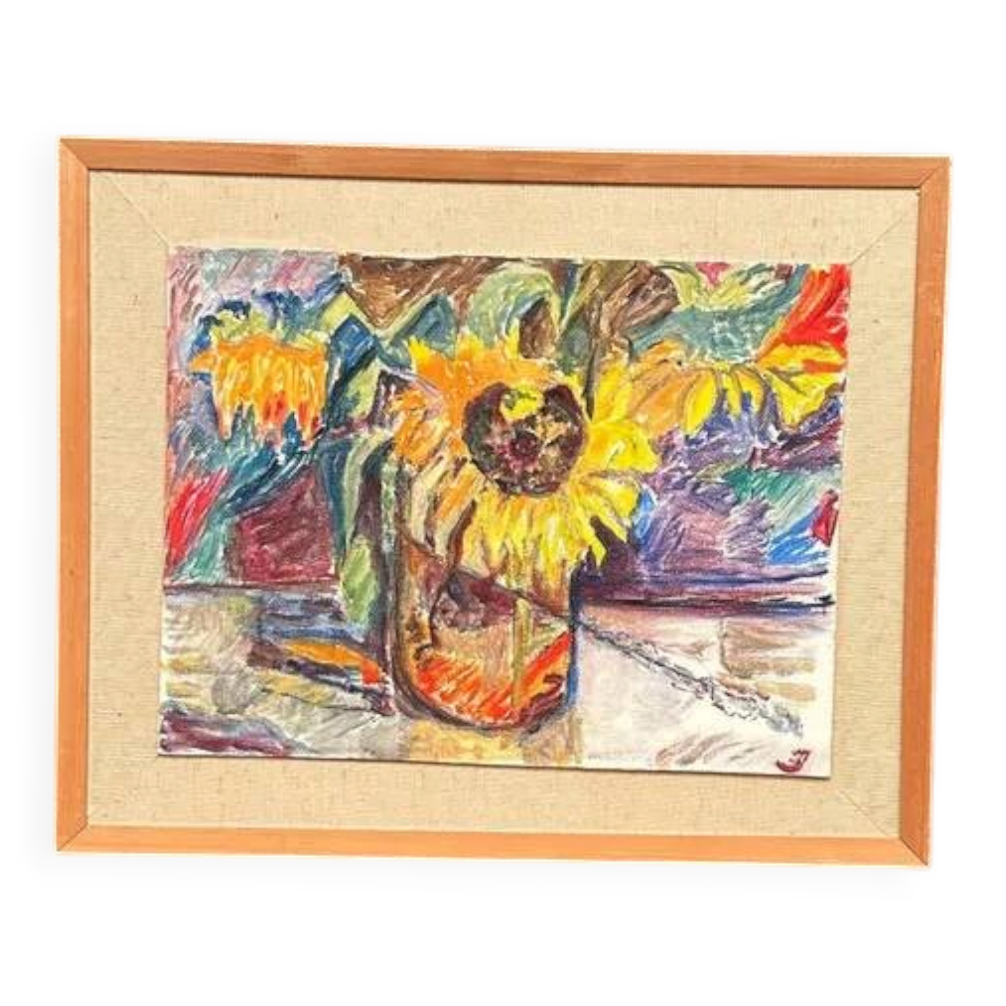 Original Swedish Oil on Panel – “Sunflowers” – Monogram Signed – Vintage & Framed