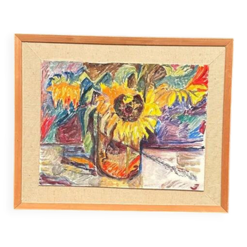 Original Swedish Oil on Panel – “Sunflowers” – Monogram Signed – Vintage & Framed