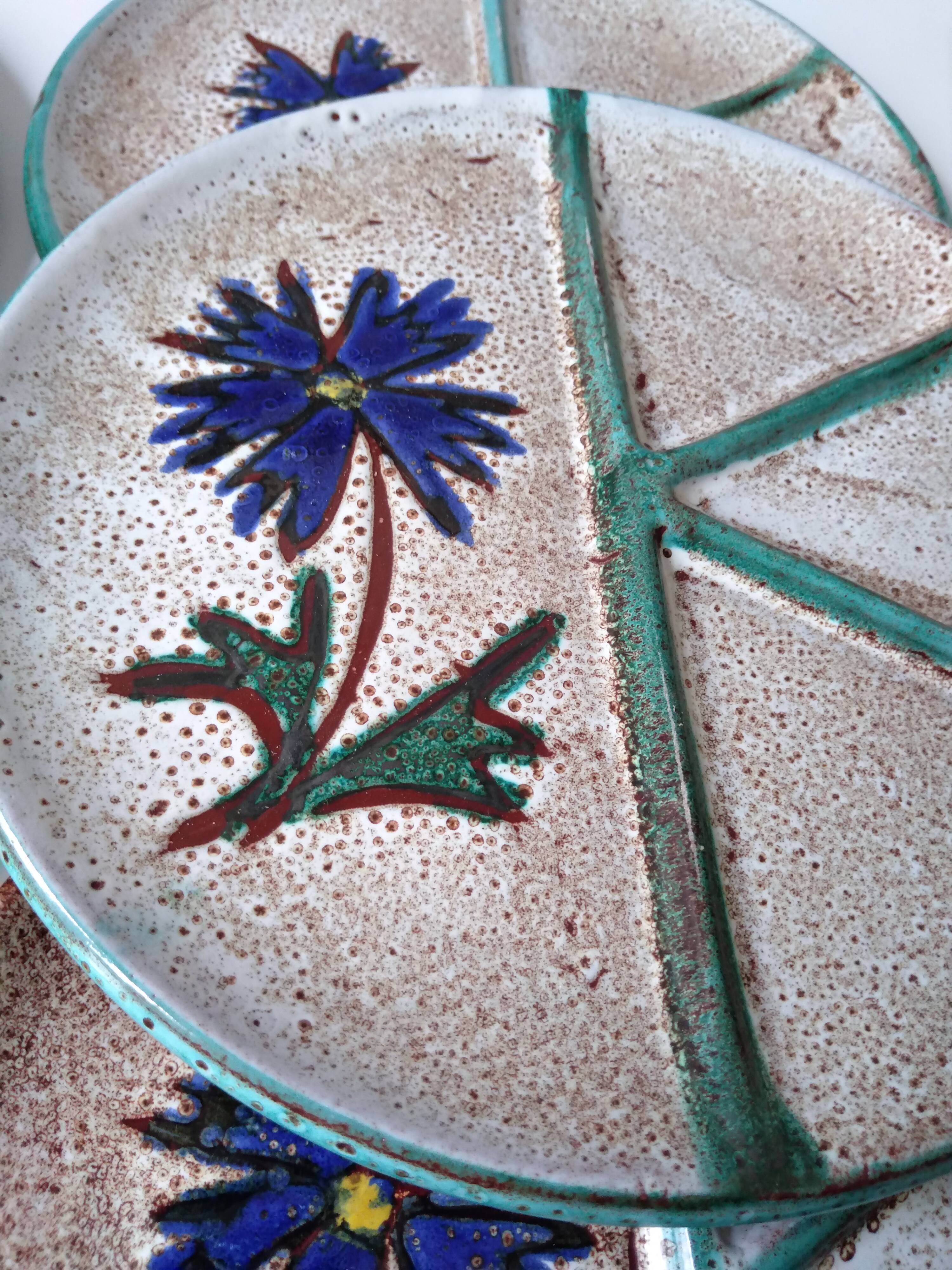 Set of 6 handmade Vallauris ceramic plates beige gray and turquoise blue with flower decoration