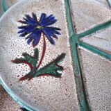 Set of 6 handmade Vallauris ceramic plates beige gray and turquoise blue with flower decoration