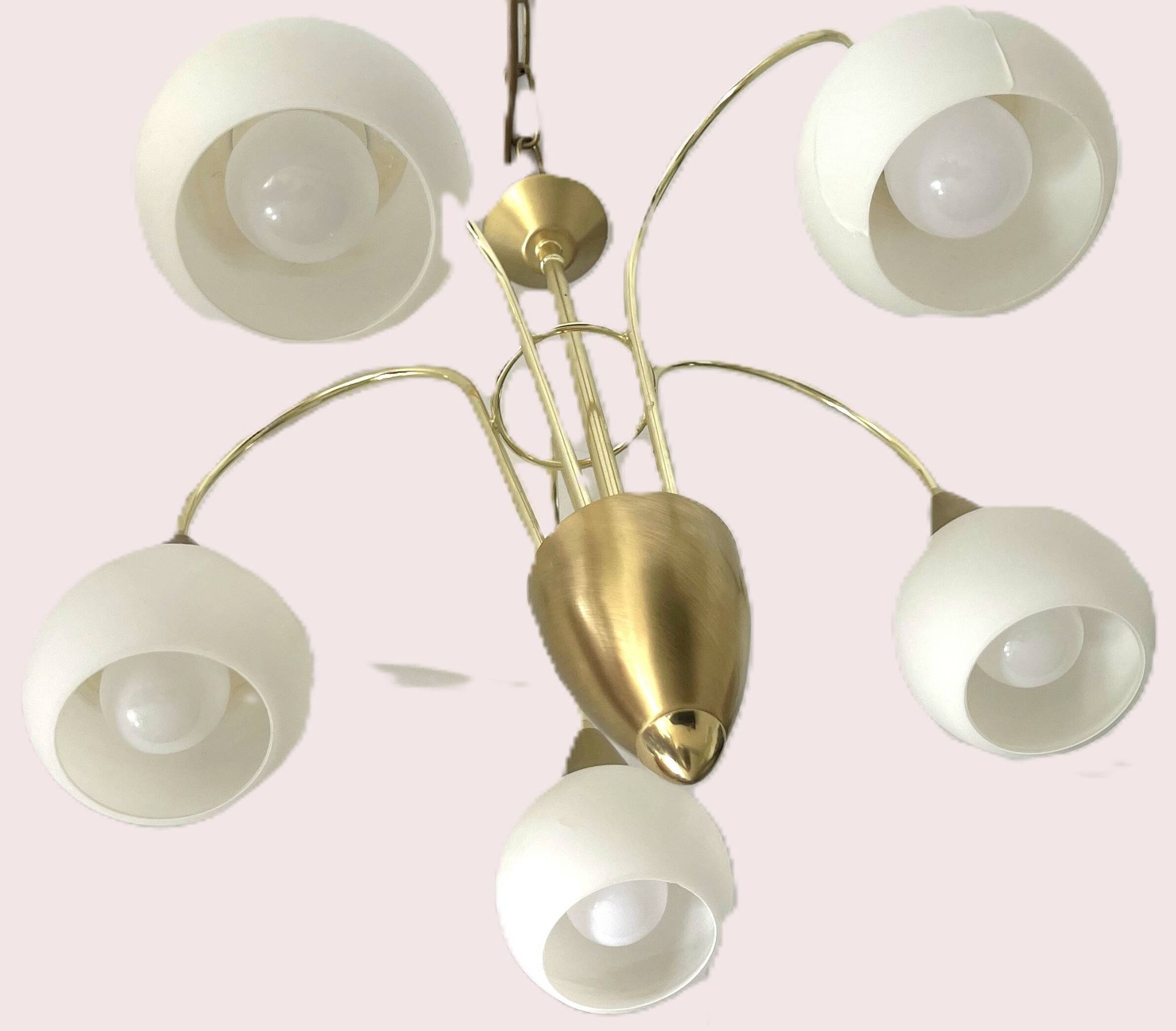 Mid Century Suspension, 5 globes in brass and opal glass, Honsel Leuchten