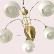 Mid Century Suspension, 5 globes in brass and opal glass, Honsel Leuchten