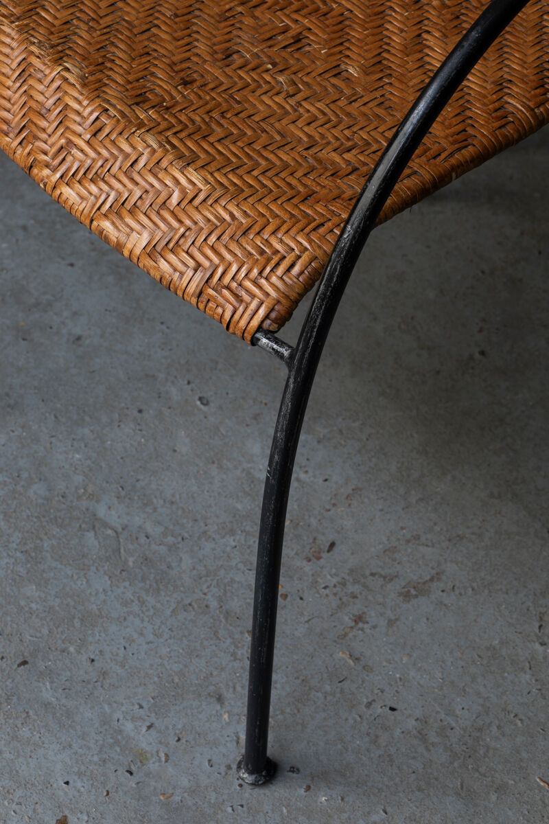 Set of 4 stackable dining chairs in steel and rattan, 1970s