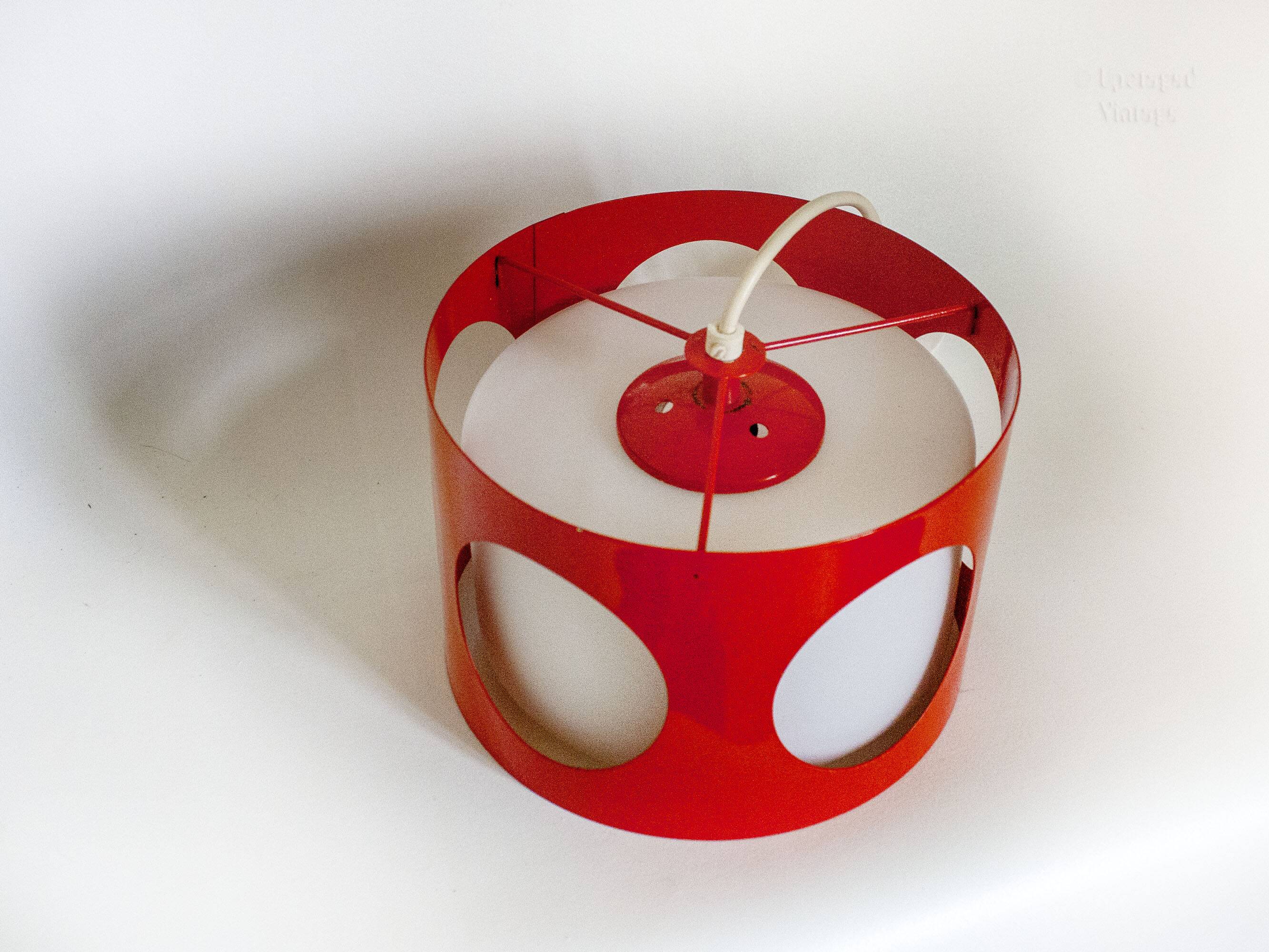 Vintage UFO ceiling light in red metal and white glass