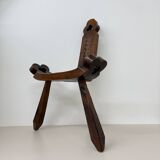 Brutalist hand carved oak Spanish tripod chair , 1970s