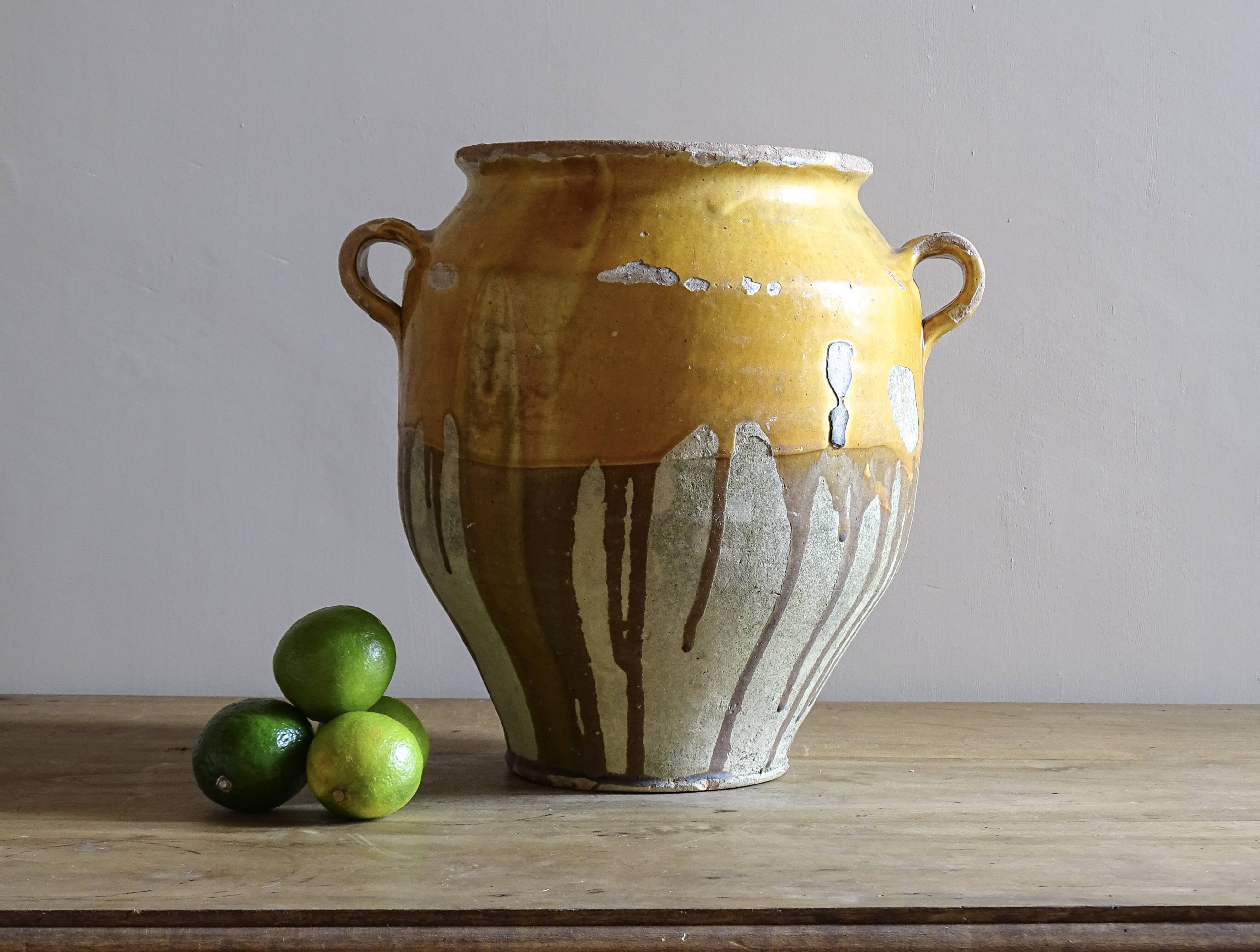 Large Antique French Confit Pot with Yellow Glaze