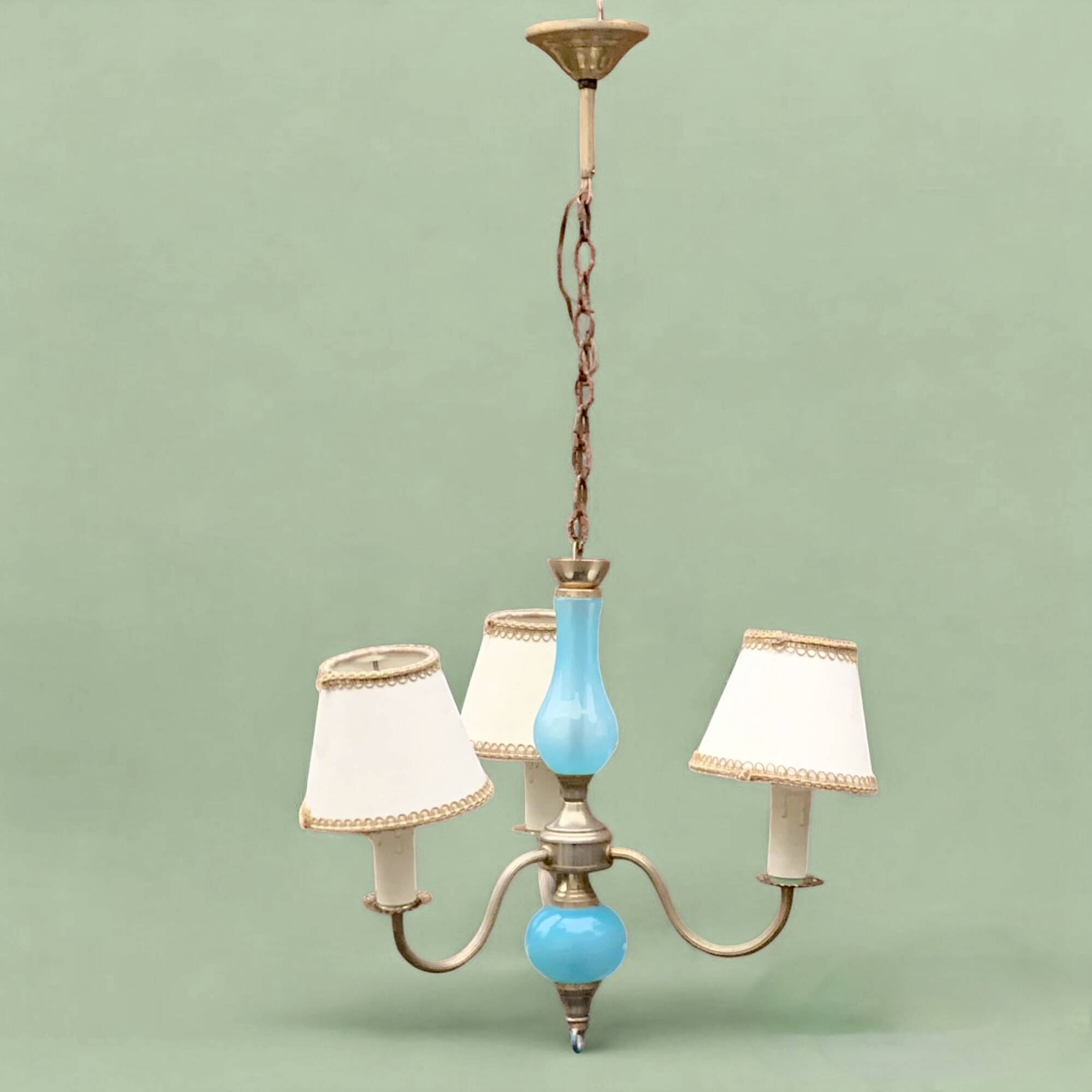 Turquoise opaline and vintage metal chandelier - 3 arms