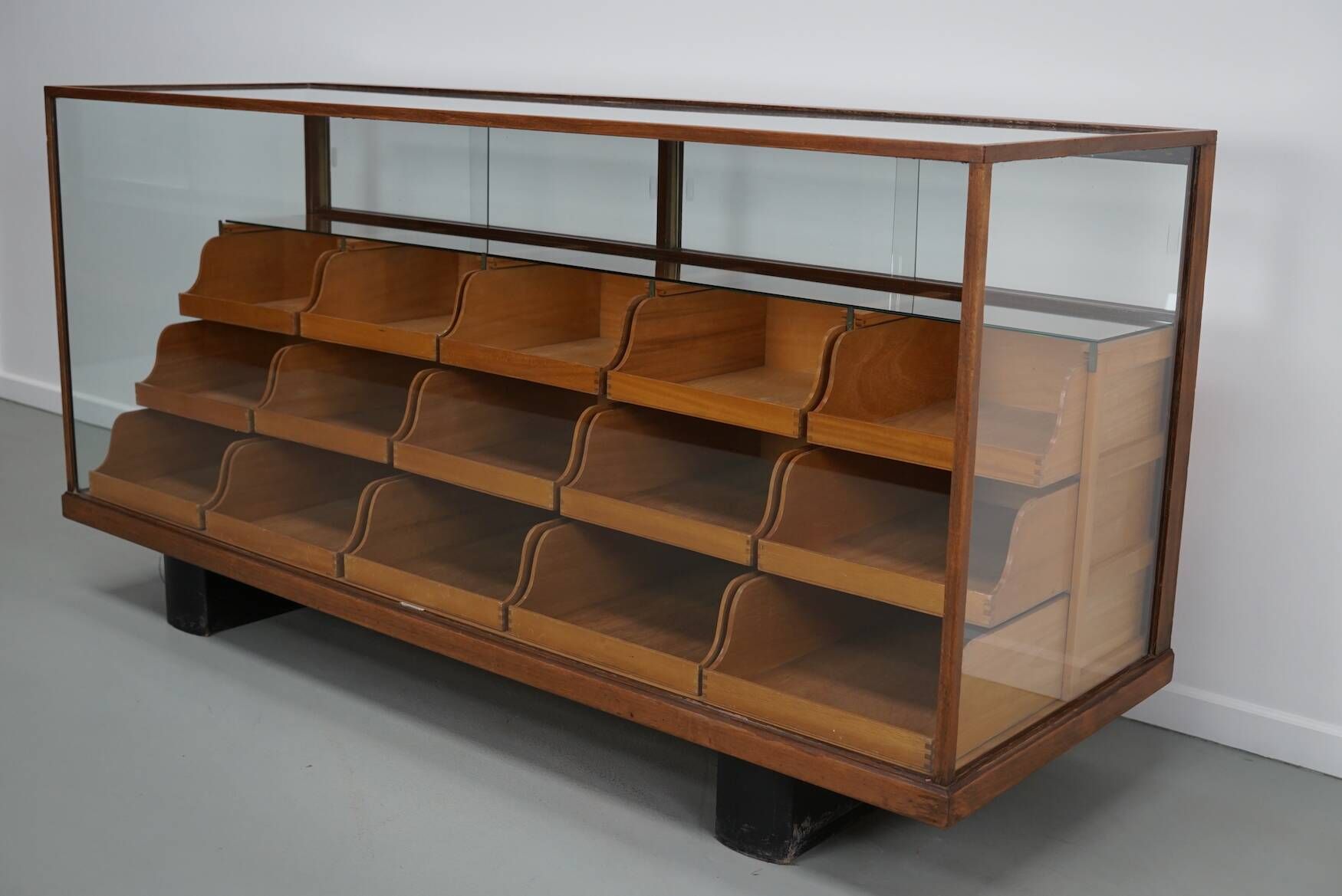 Antique British maple & hardwood haberdashery cabinet or shop counter, 1930s