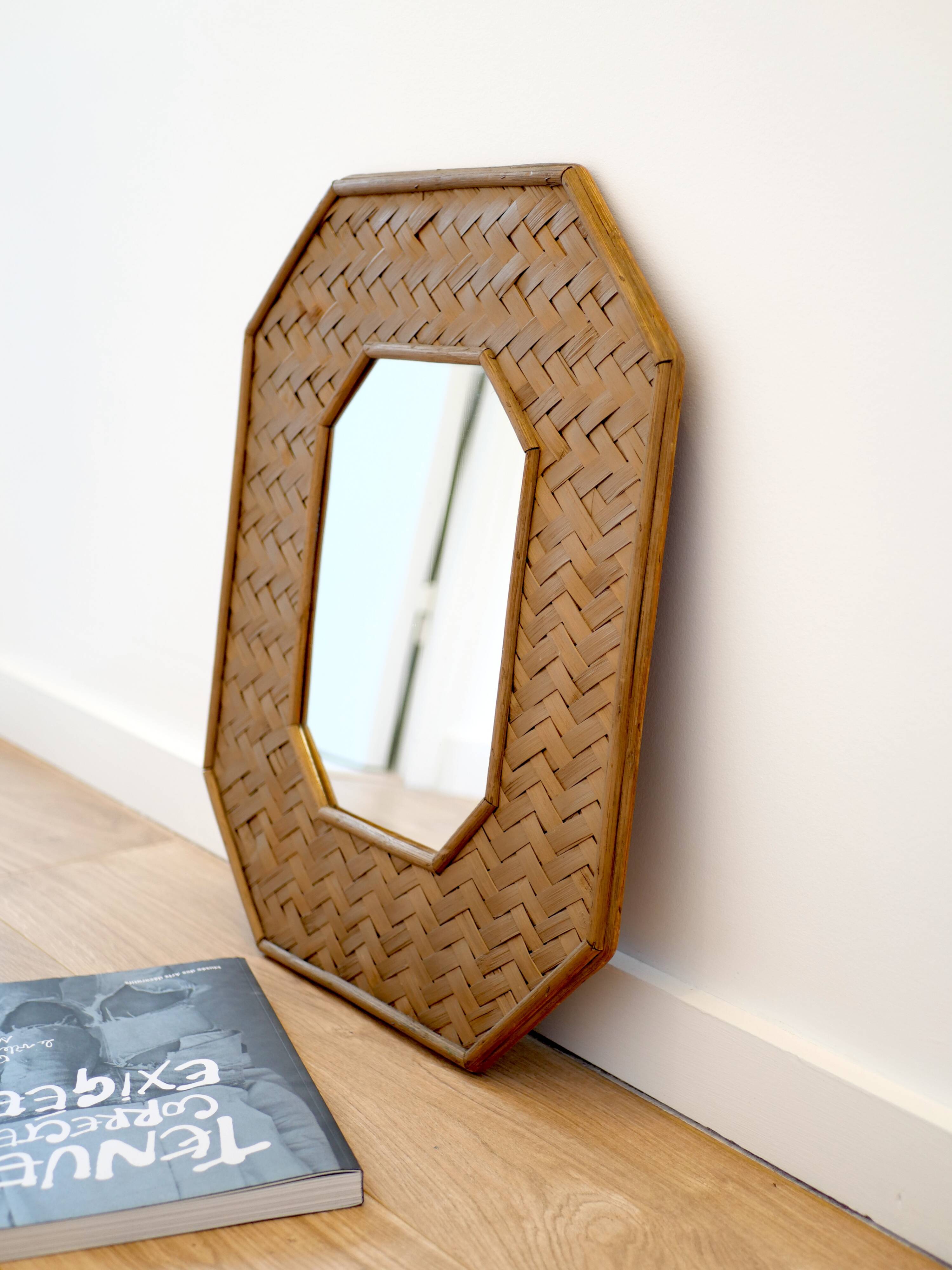 Octagonal mirror in woven bamboo