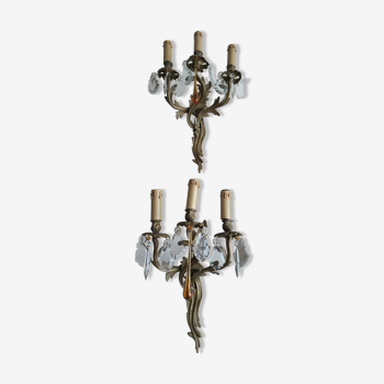 Pair of bronze and crystal sconces