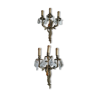 Pair of bronze and crystal sconces