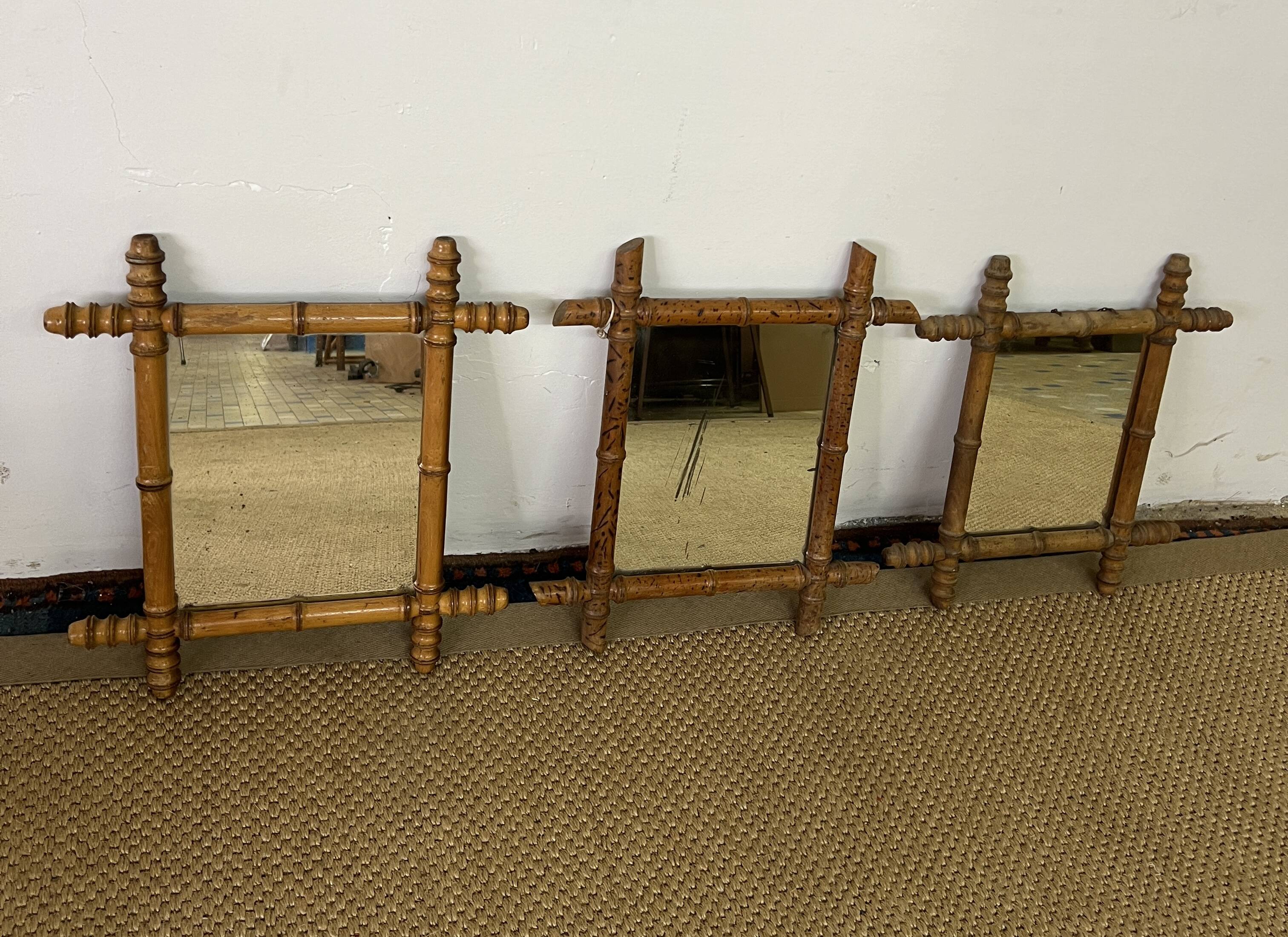 Suite of three antique mirrors in bamboo and rattan