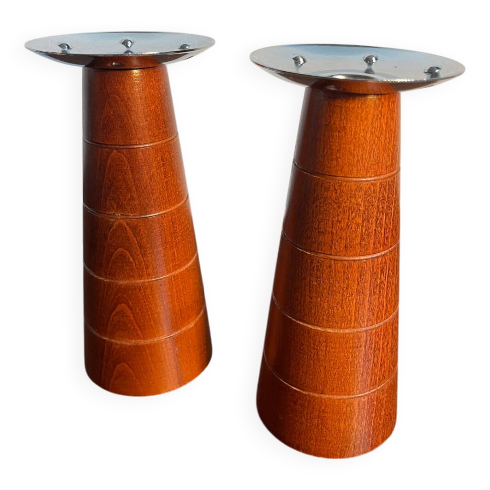 Pair of Guy Degrenne wooden and stainless steel candlesticks