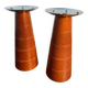 Pair of Guy Degrenne wooden and stainless steel candlesticks