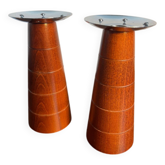 Pair of Guy Degrenne wooden and stainless steel candlesticks