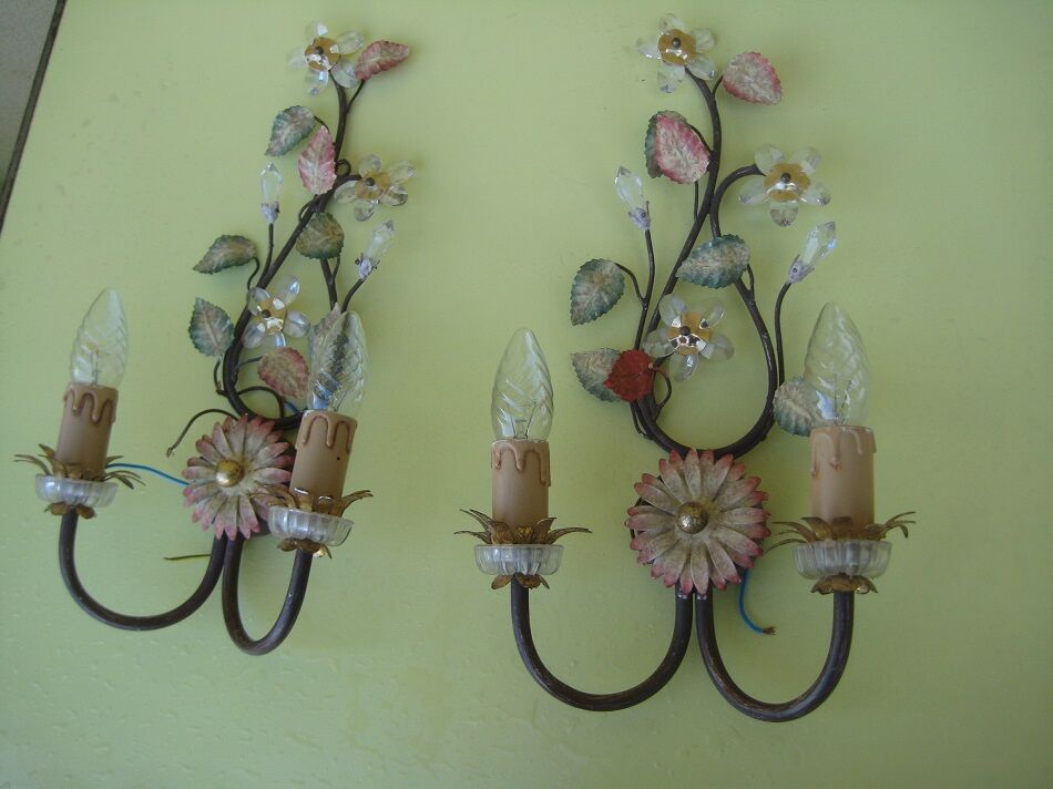 Pair of sconces, patinated metal sheets, glass flowers, 70s