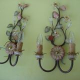 Pair of sconces, patinated metal sheets, glass flowers, 70s